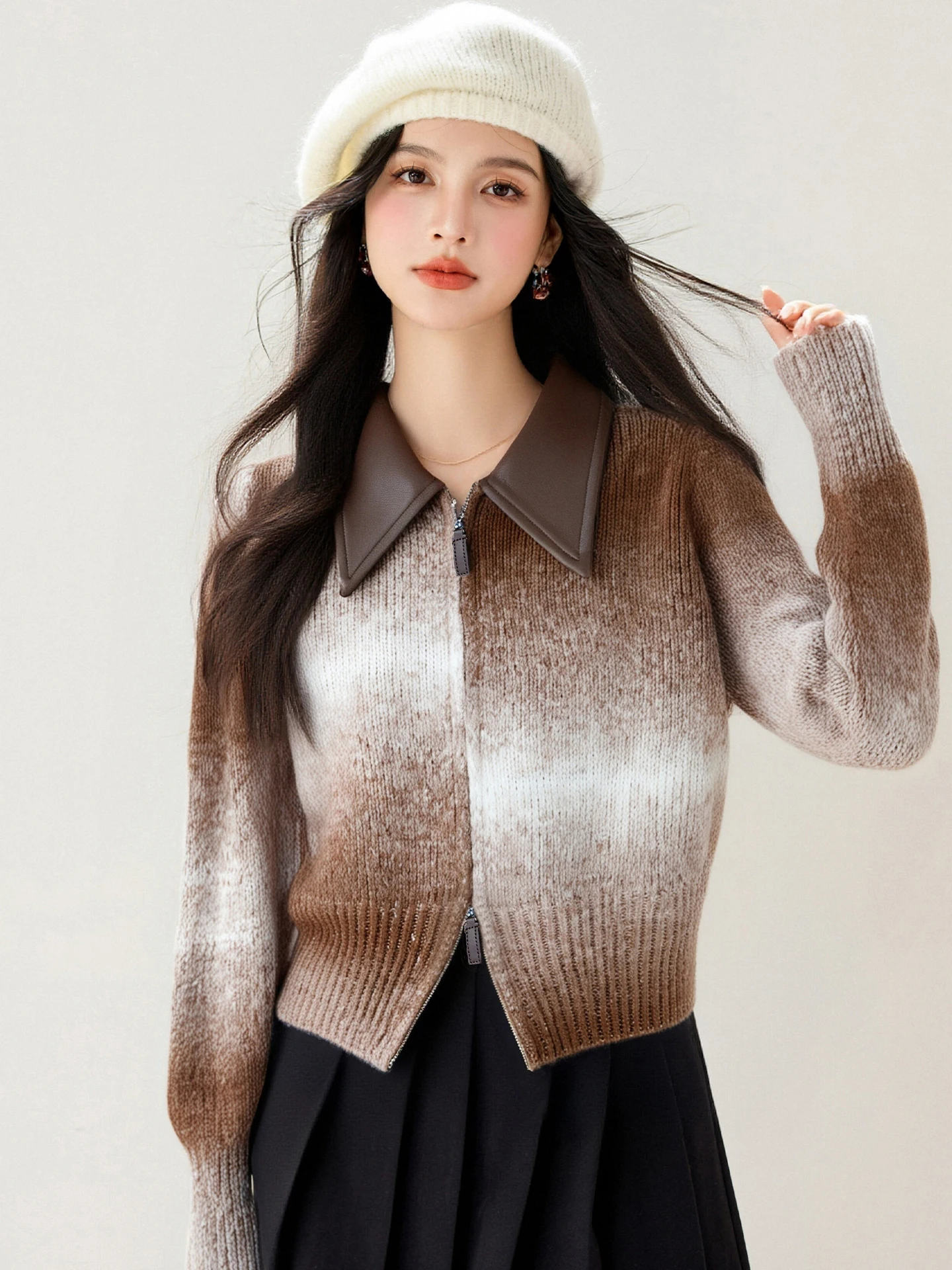 Kardigan Rajut Wanita Kerah Turun Lengan Panjang Gaya Chic, Sweater Longgar Model Korea Terbaru dengan Ritsleting Ganda untuk Wanita
