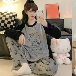 Hello Kitty Kawaii Women Plush Warm Flannel Pajamas Set Sanrio Anime Coral Fleece Thicken Cartoon Homewear Girls Cute Nightgown