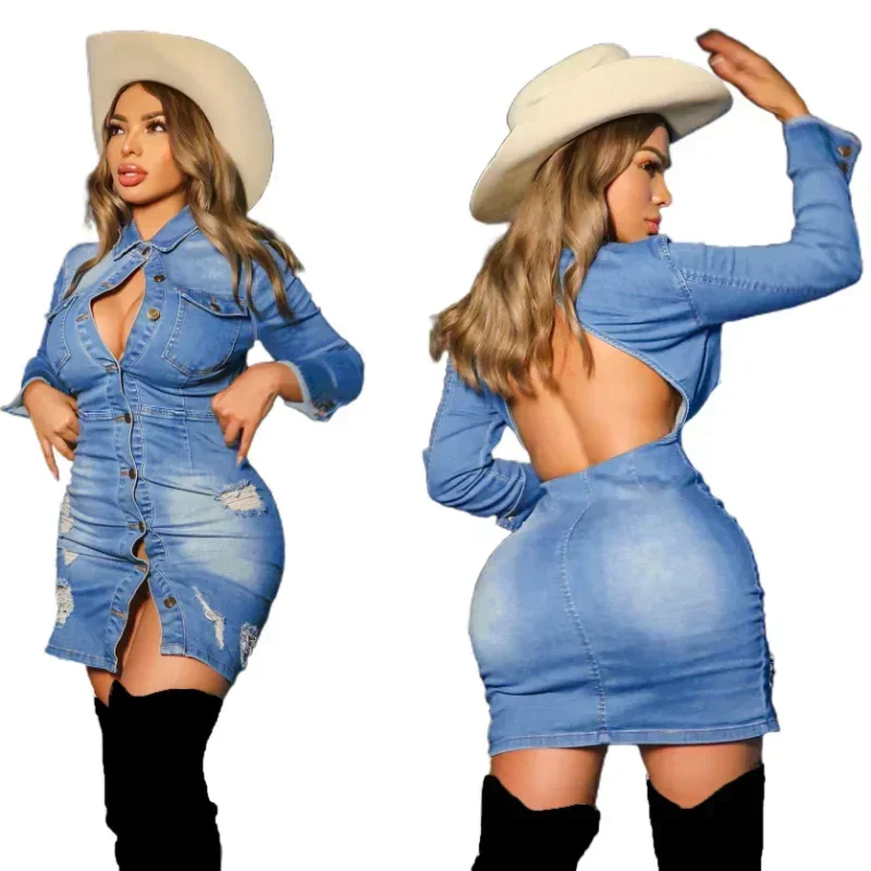 Sexy Hollow Out Hole Ripped Denim Dress Women Long Sleeve Single Breasted Backless Bodycon Mini Jeans Button Shirt Dress