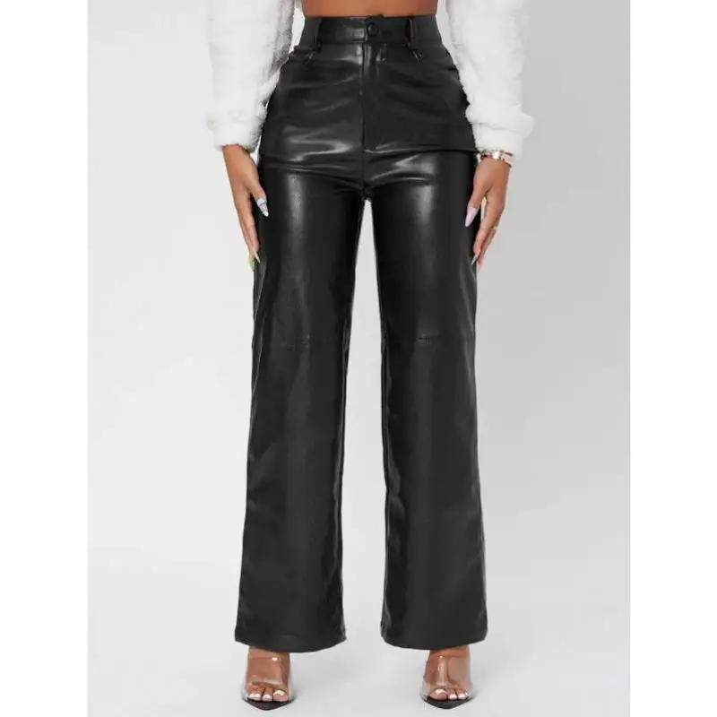 

High Waist Straight Leg PU Leather Pants Pure Color Outdoor Trousers Cross-Border Sle Men's Faion Ci Walk orts