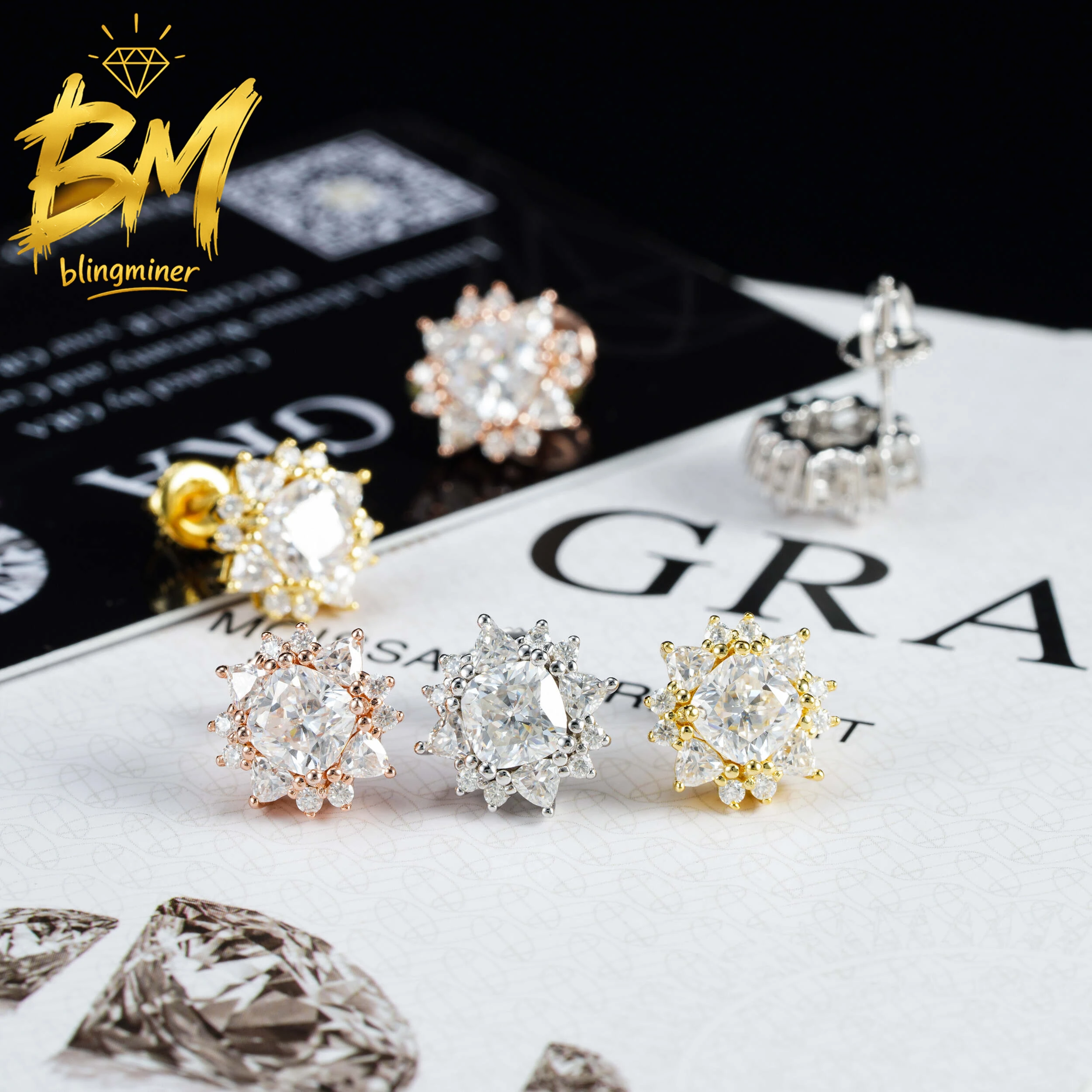 

Blingminer 12mm Cushion VVS Moissanite Earrings For Men Women S925 Silver bling Studs Pass Diamonds Tester GRA Free Shipping