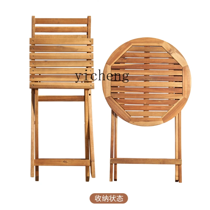 ZF Balcony Small Table and Chair Solid Wood Table Folding Outdoor Garden Courtyard Antiseptic Wood Table and Chair Combination