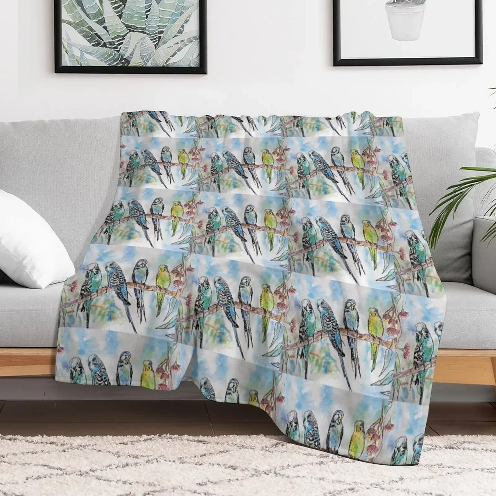 Colourful Budgies Budgerigars Sitting on A Branch Watercolor Painting Throw Blanket Giant Sofa Camping Blankets