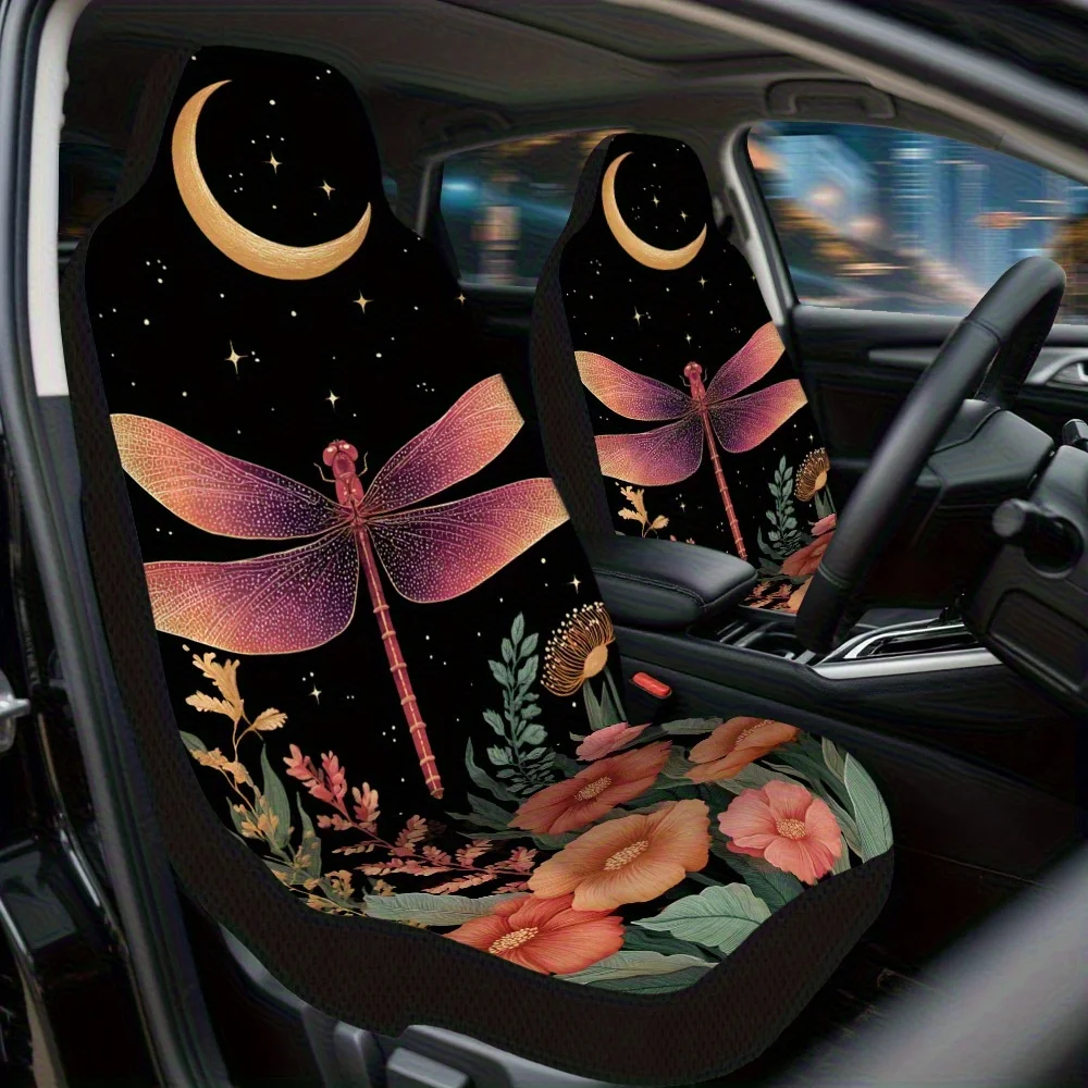 Set Of 2, Featuring A Moonlit Dragonfly And Floral Design Car Seat Covers – Chic And Long-Lasting Complete Set For Two Front Sea