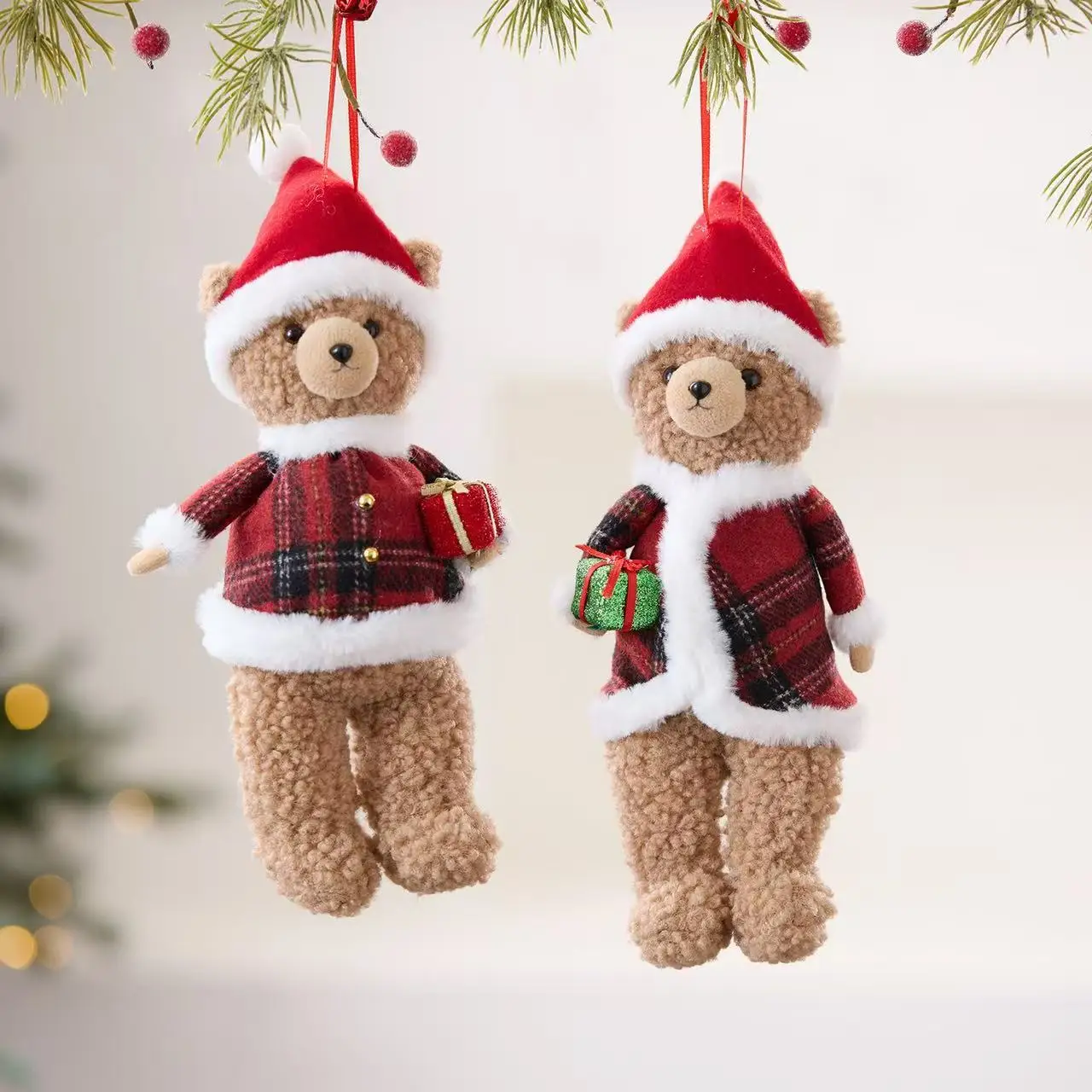 

2025 Cute Teddy Bear Ornaments for Christmas Tree Decorations Fabric Plush Animals with Hat Pendants Kids Adult Xmas Room Gifts