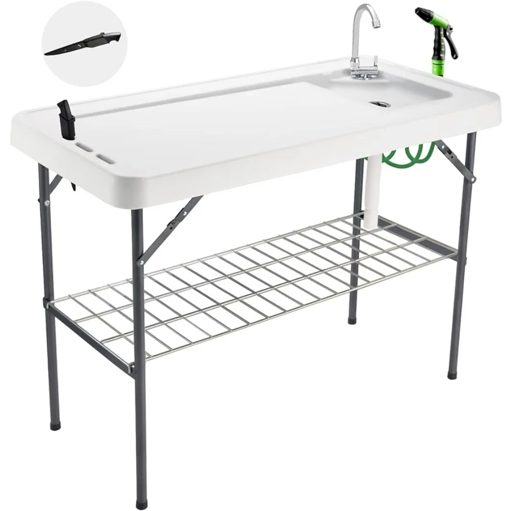 Folding Fish Cleaning Table Portable Camping Sink with Faucet Drainage Hose & Sprayer Outdoor Fillet Station for Picnic Fishing