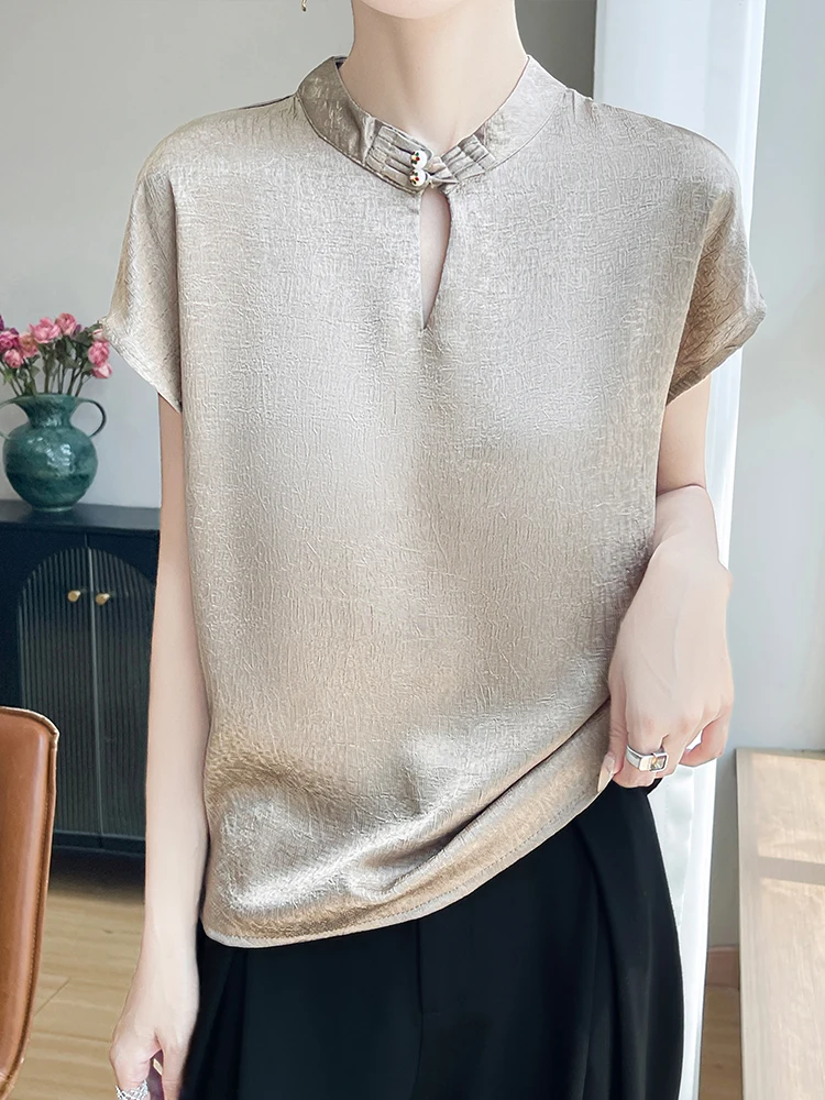 Silk Acetate Satin ort Sve T-irt Women's Stand Collar Button up Comfortable Simple Match All Season Chinese National S...