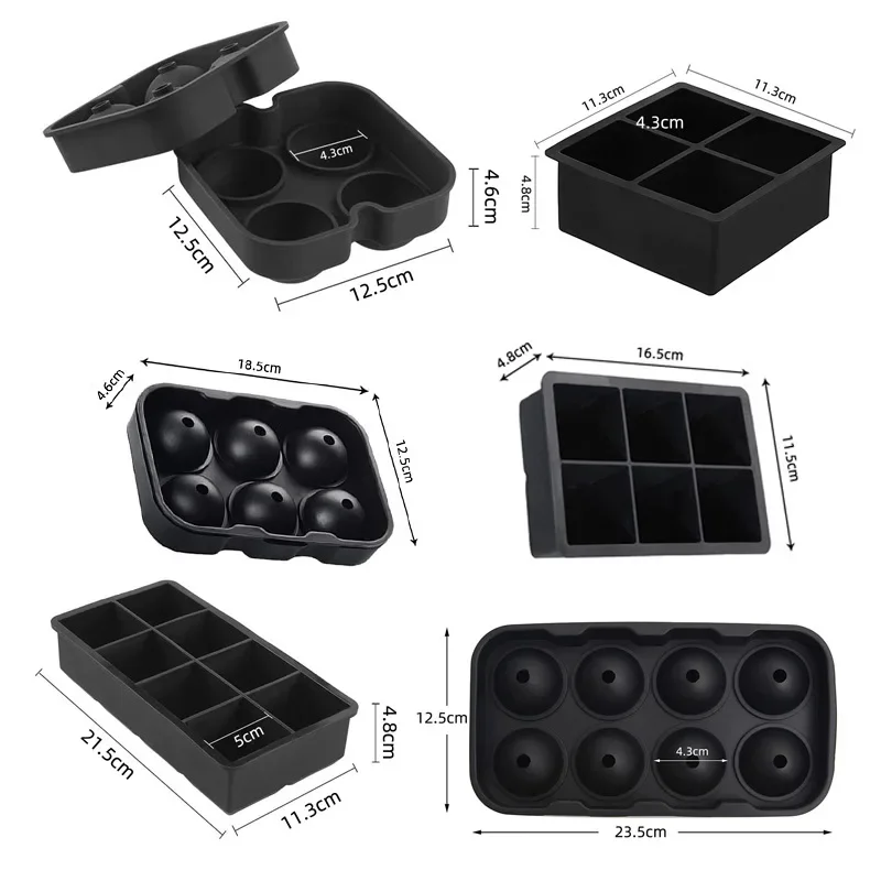 4/6 Grid Ball Big Square Ice Cube Mold Black Silicone Ice Cube Maker Reusable DIY Ice Cube Tray for Freezer Drinks Whisky Wine