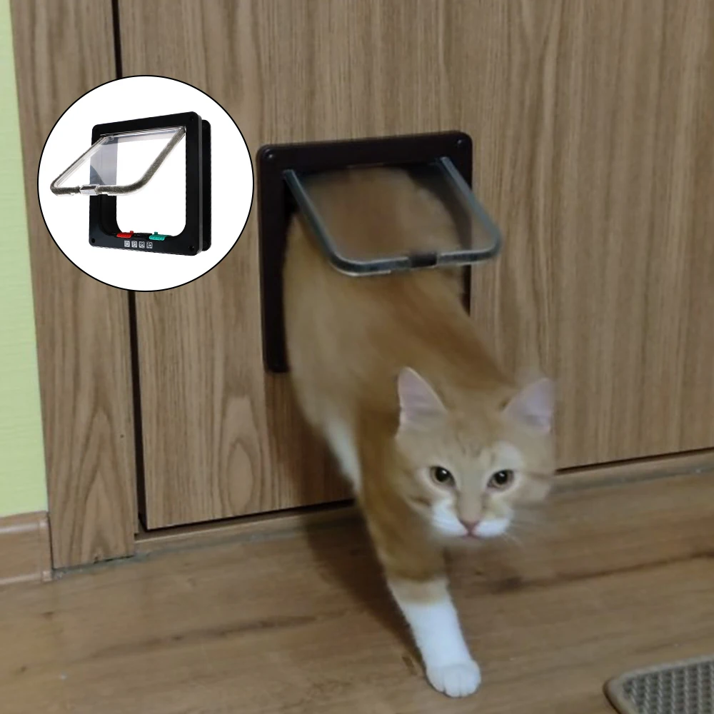 Dog Cat Flap Door With 4 Way Lock Security Flap Door Cat Puppy Safety Gate Small Pet Supplies For Dog Cat Kitten ABS Plastic