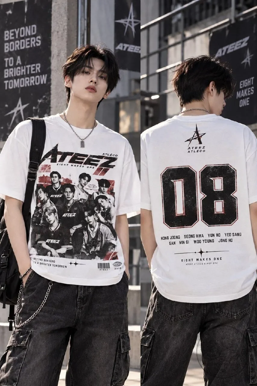 2026 ATEEZ Eight Makes One Vintage Group Portrait Front Back Print T-shirt Unisex Kpop Cotton Short Sleeve Tee