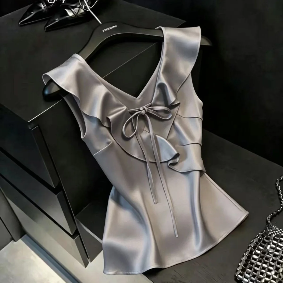 Elegant V-Neck Ruffle Hem Satin Vest Women's Summer New Salt System Belted Sleeveless Shirt Chic Small Shirt Slim Fit Style
