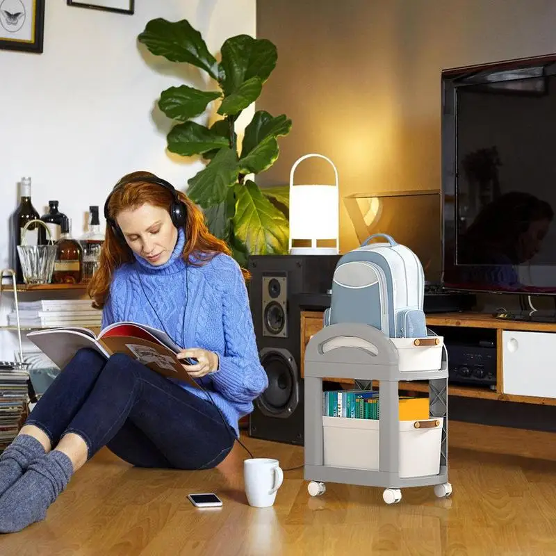 Under Desk Storage Cart 2-Tier Kitchen Rolling Utility Cart Multi-Functional Textbook Storage Trolley For Workplace Bedroom