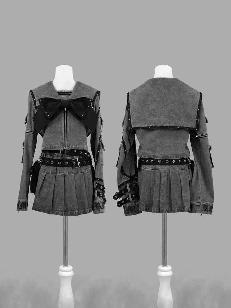 اليابانية Rojita Harajuku نمط كتلة اللون قصيرة سستة القوس القوطية حلقة مستديرة برشام الدنيم سترة معطف تنورة قطعتين مجموعة النساء