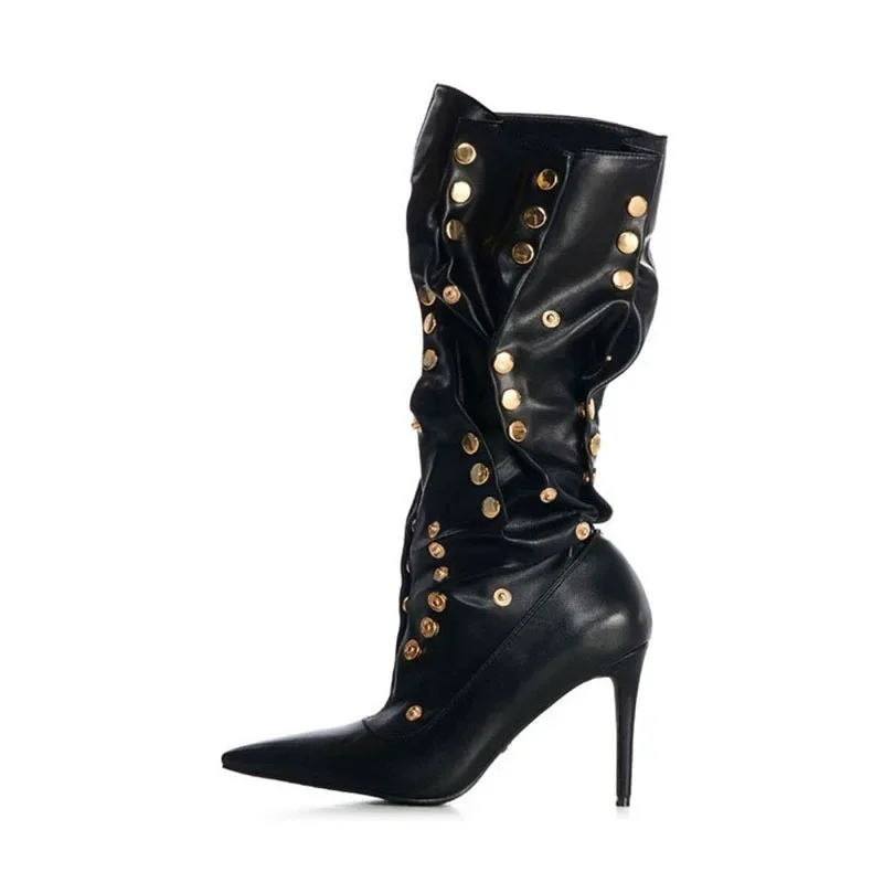 

Pointed Button Sleeve Knee-High Boots Riveted Loose Large Tube Pleated Stiletto High Heel Boats Catwalk Women Shoes Chaussure