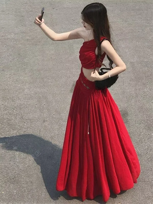 

Ele Red Hollow out Asymmetrical oulder Dr for Beach Vaion High Waist Long Skirt Korean Sle Adult Ceremony Par