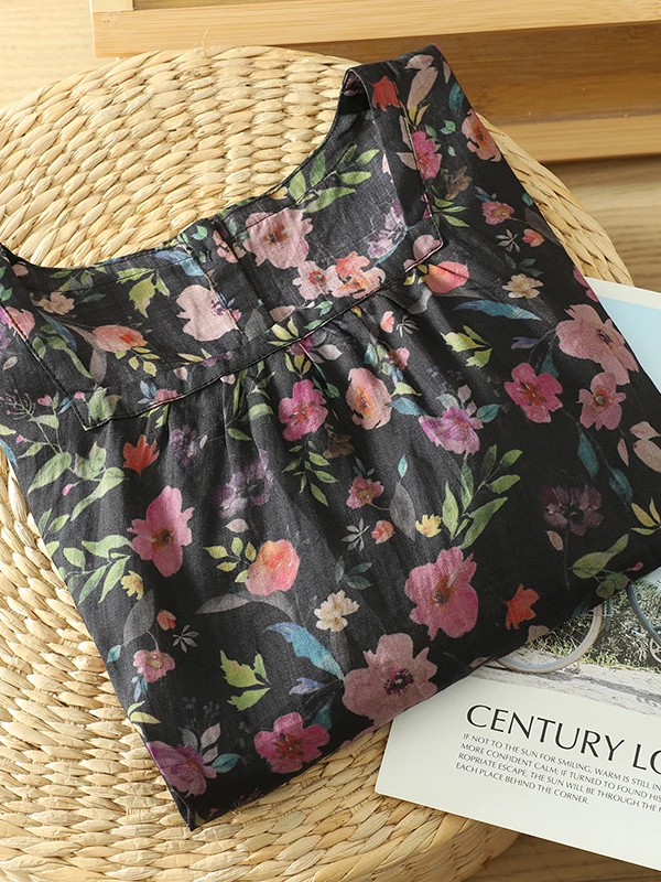 

Свободная женская одежда в стиле ретро с цветочным принтом из льняного материала, удобная дышащая летняя модная брендовая женская одежда