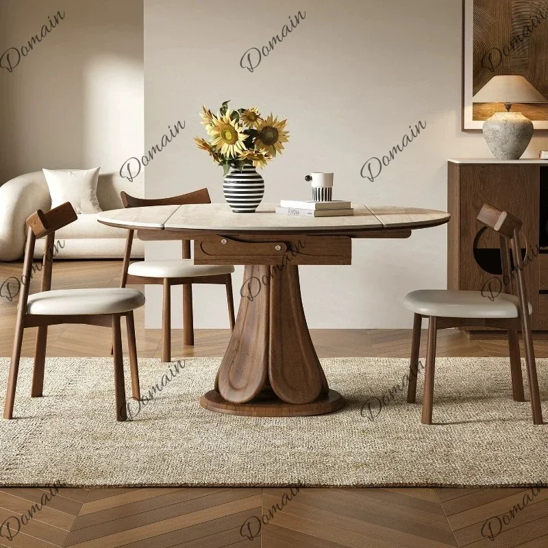 M Modern Simple Rock Slab Retractable Dining Table Set Of 6 Chairs Luxury Folding Round Solid Wood Tables Kitcjen Pliante Desk