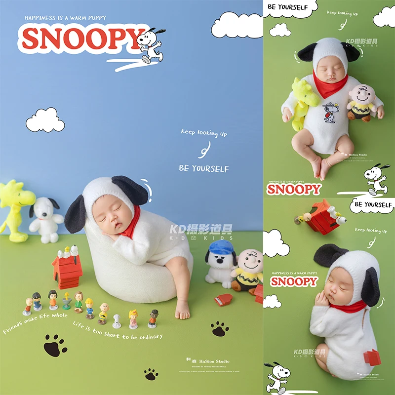Cartoon IP Newborn Photography Prop Baby Plush Romper with Hat Scarf, Infant Photoshoot Set with Charlie Brown&Woodstock Plushie