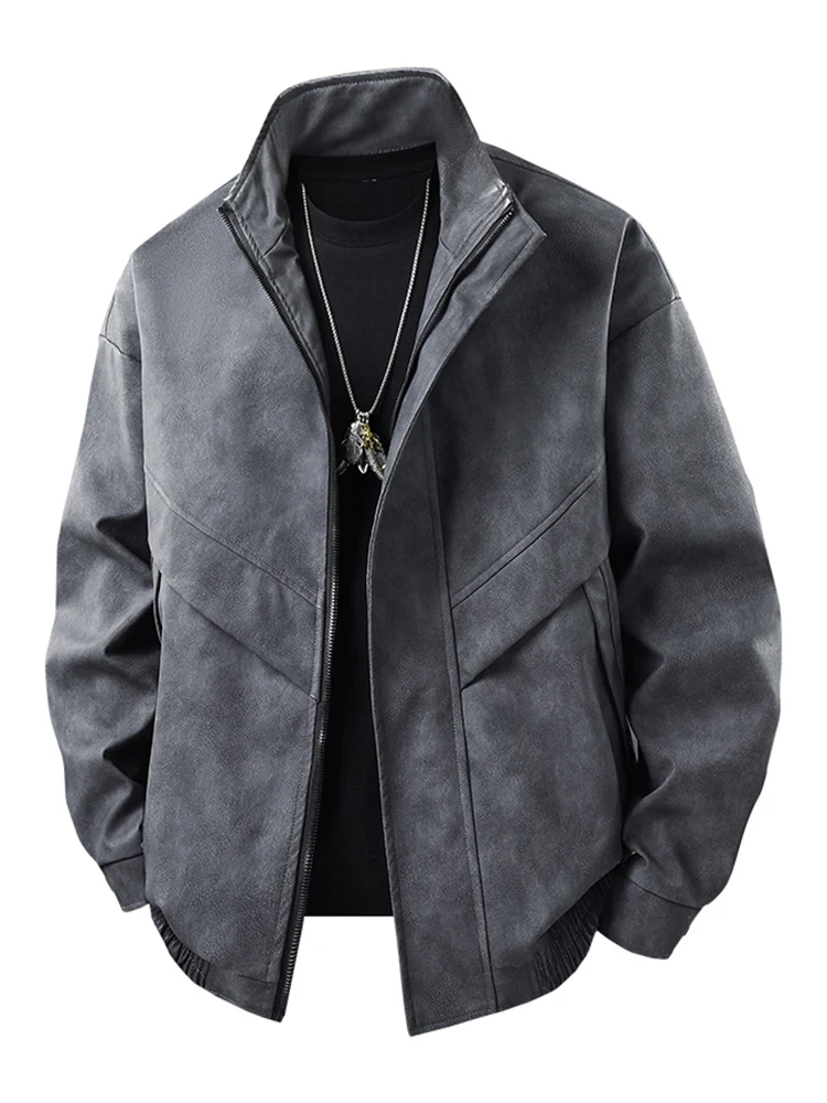 

Woodsoon Casual Loose Men's Leather Jaet Stand Collar American Sle Vintage Autumn Winter New Faion Outerwear