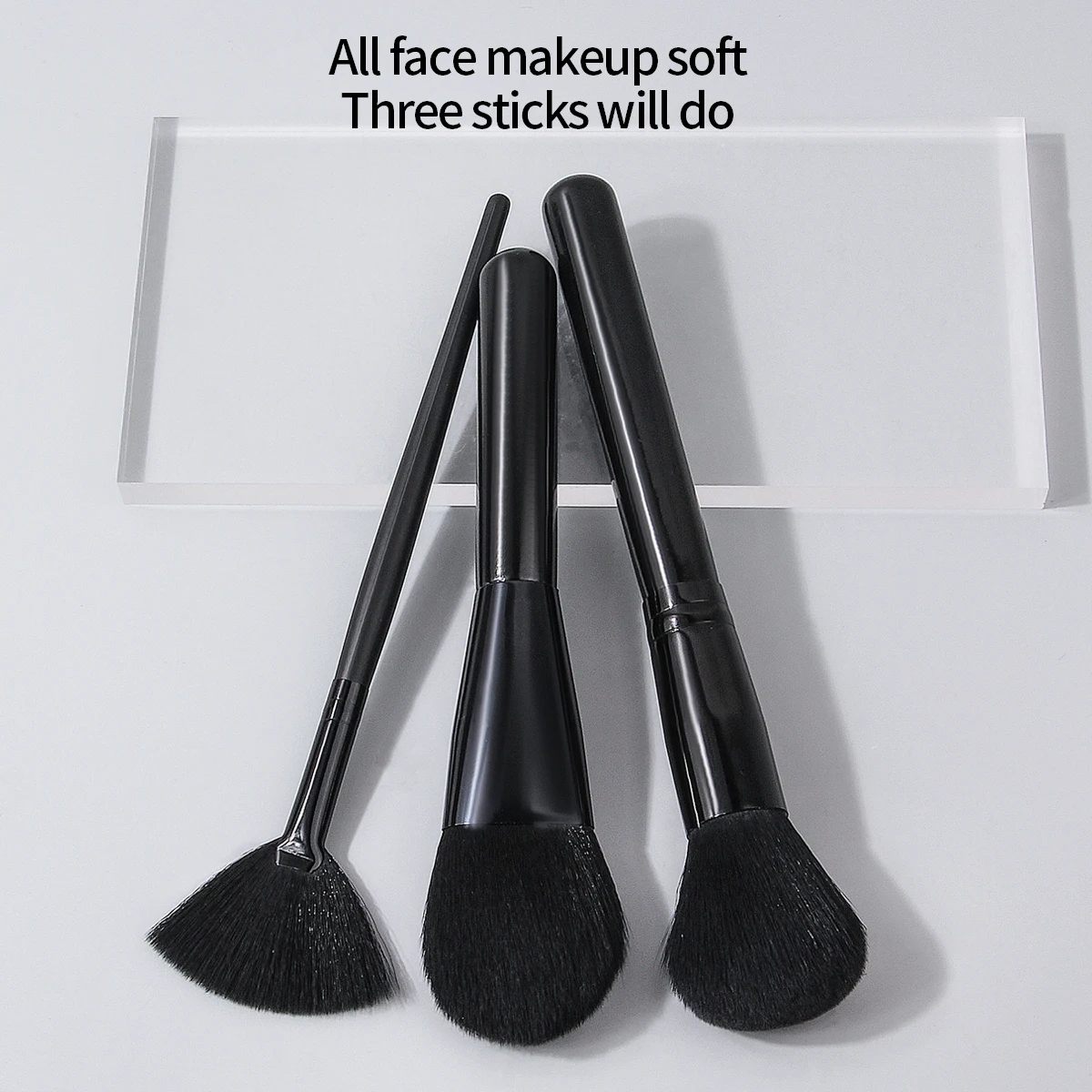 Pennello per fard morbido tutto nero da 3 pezzi, pennello per cipria, pennello a forma di ventaglio, pennello per trucco viso multifunzionale, strumento di bellezza