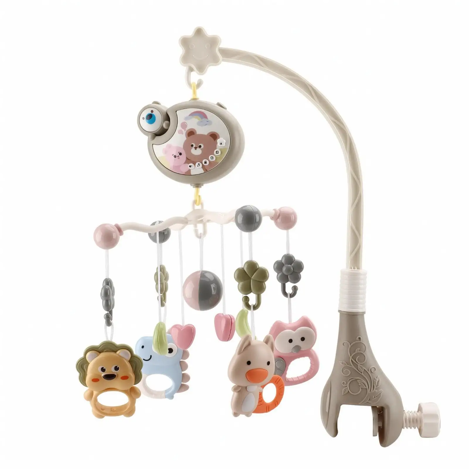 曲線状のアームとメロディーを備えた、ベビーベッド用モビール。子供部屋で穏やかな眠りを促します。