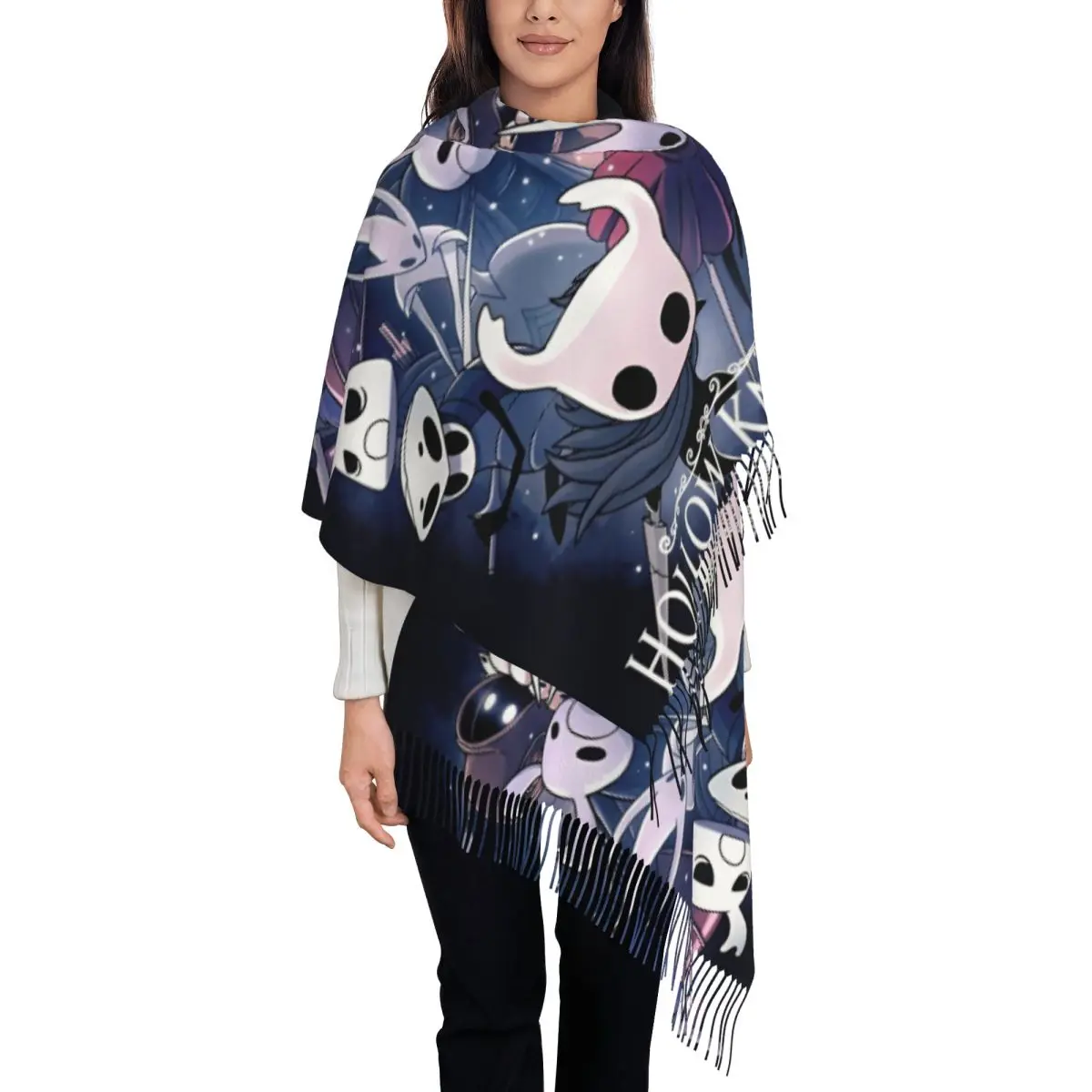 Hollow Knight Game Shawls Wraps for Women Winter Large Long Scarf Ghost Skull Neckerchief Tassel Scarves