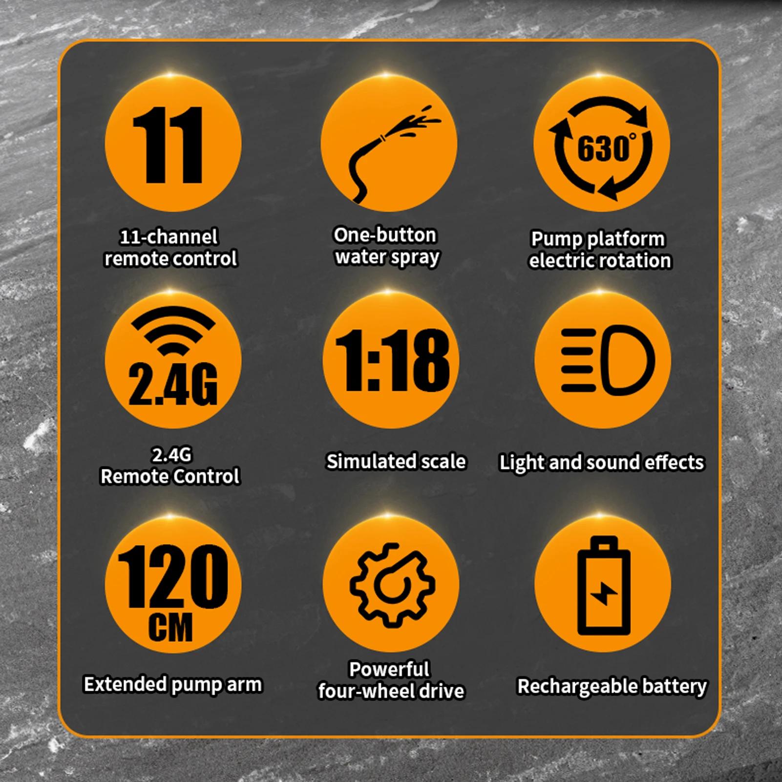 콘크리트 펌프 트럭 장난감, 2.4G 무선 조종 다이캐스트 건설 차량, 작동하는 워터 펌프, 조명 및 소리 기능 포함, 남아용