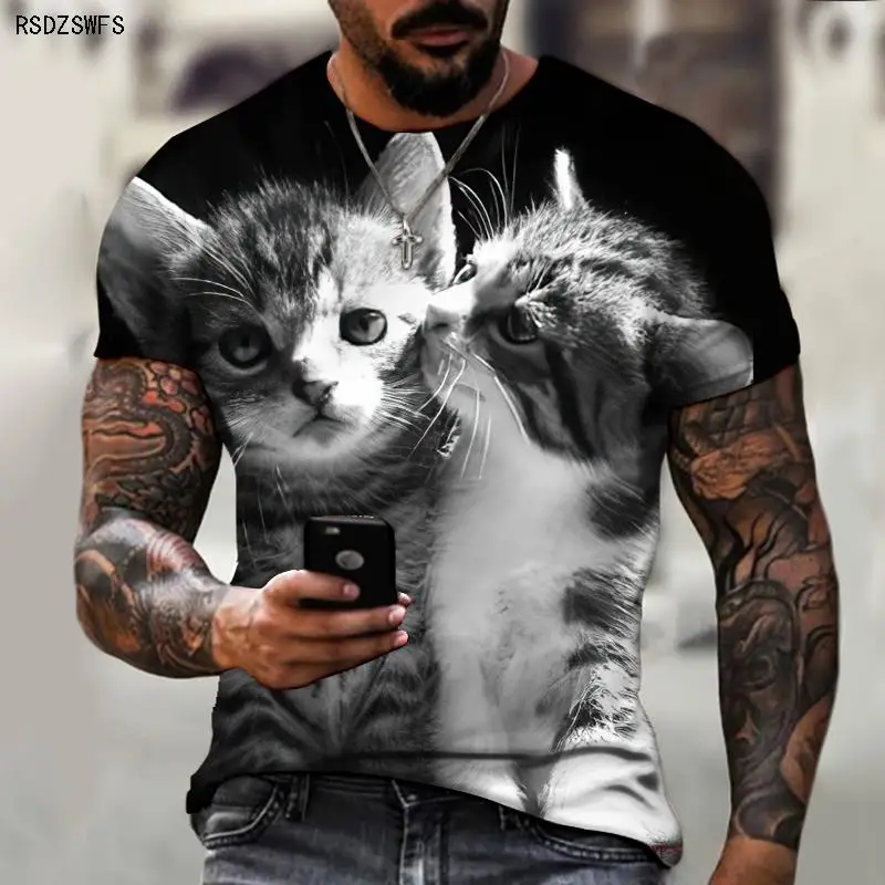 Animal World Cute Cats And Dogs Real 3D Printed Patterns Men\'s Shirts Crew Neck Tops T-shirts Casual Clothing Oversize 5XL