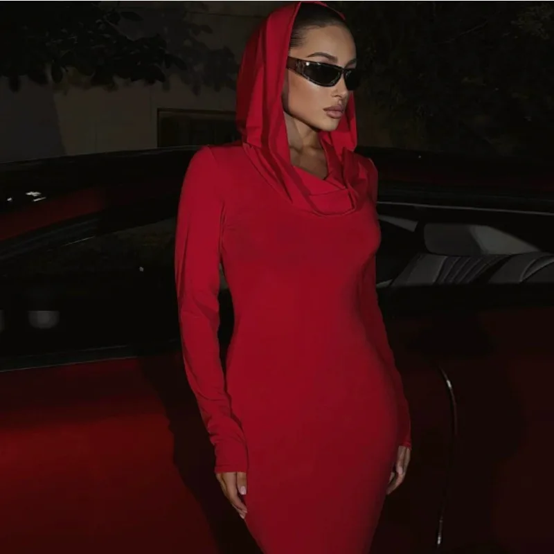 

Krisnanas Bodycon Red Mermaid Dress Woman 2025 Skinny Eurpoean Stylish Hooded Long Sleeve Solid Max Dresses Women Clothes 132227