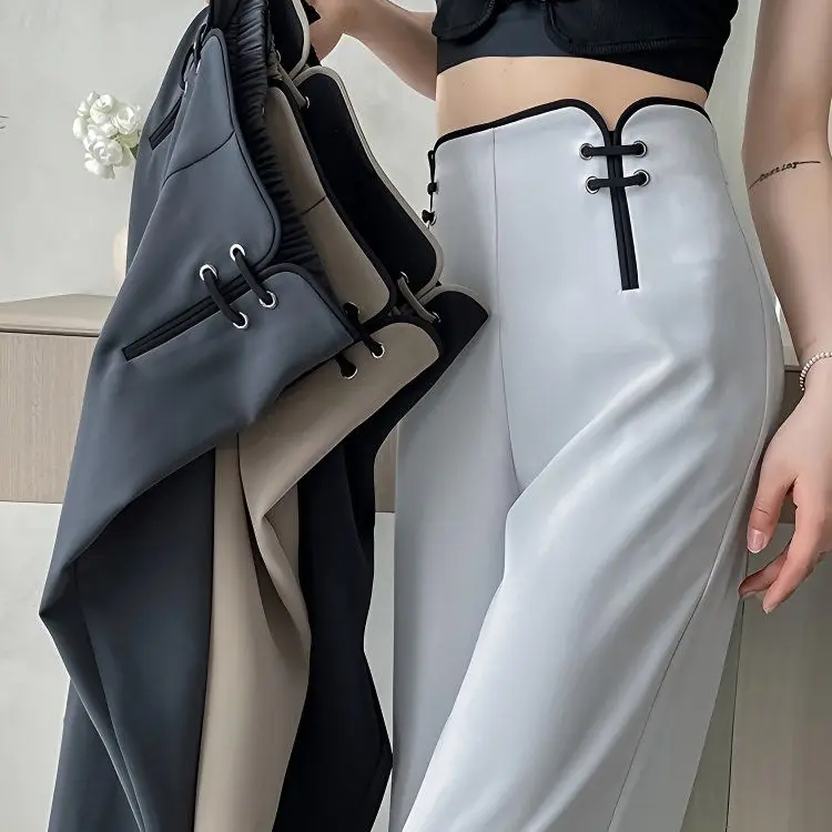 

Spring Summer Folding Wide-Leg Pants For Women'S Suit Pants Chinese Style Draped Straight-Leg Loose High-Waist Casual Pants