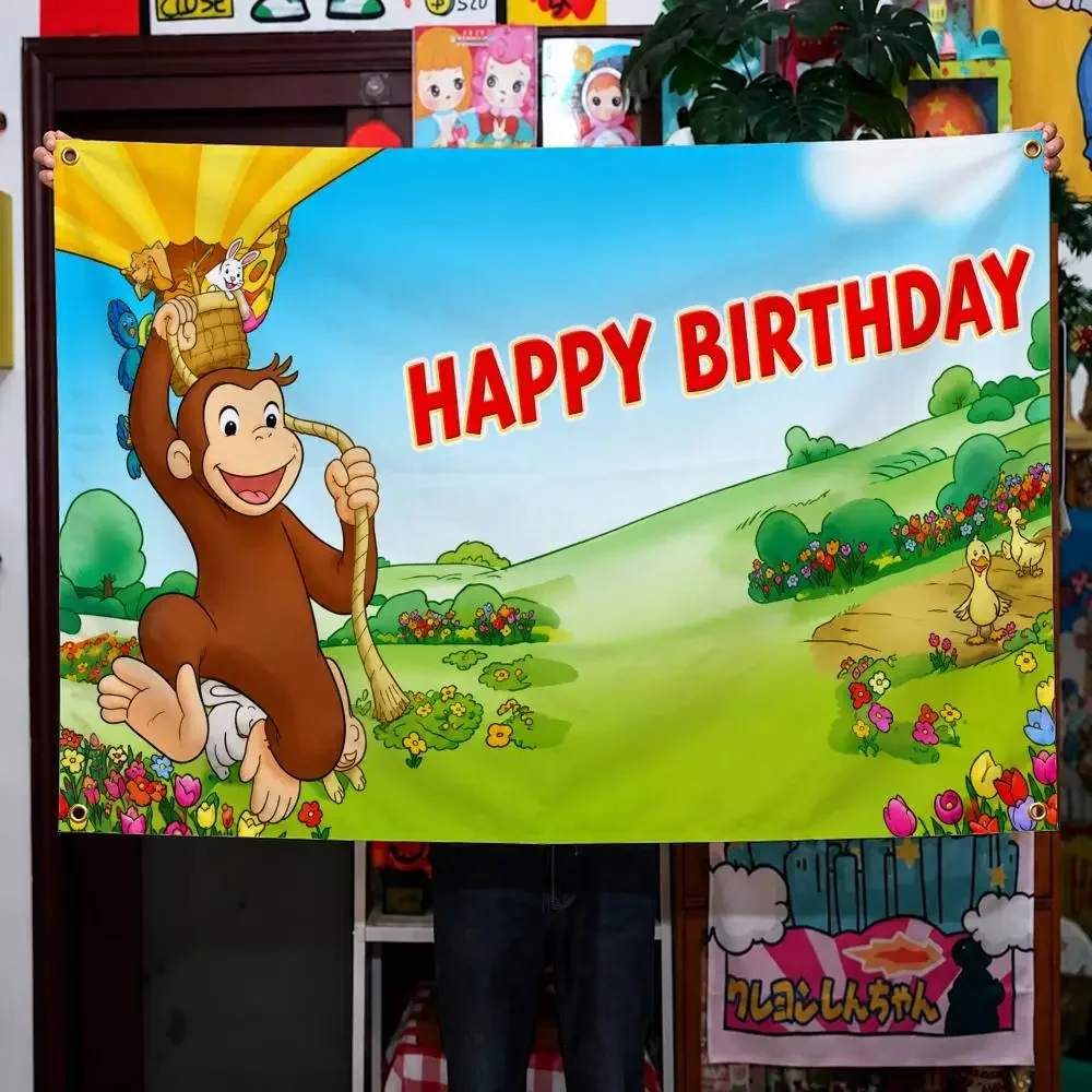 Cartoon Curious George Monkey Yellow Hat Flags Wall Hanging Background Flag Wall Decor Banners for Outdoor Bedroom Dorm Room