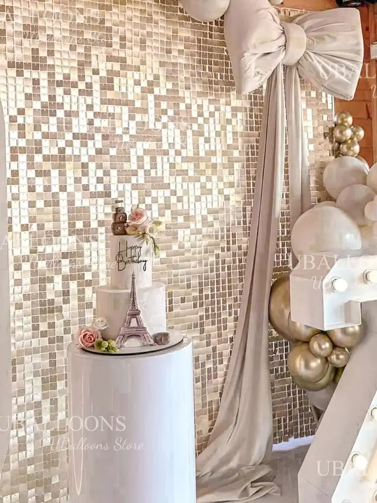 49 szt. Paneli Ścienne w Kolorze Szampańskiego Złota z Połyskiem 7x7FT Matowe Beżowo-Złote Panele z Cekinami na Tło do Dekoracji Wesel, Baby Shower, Urodzin — 2