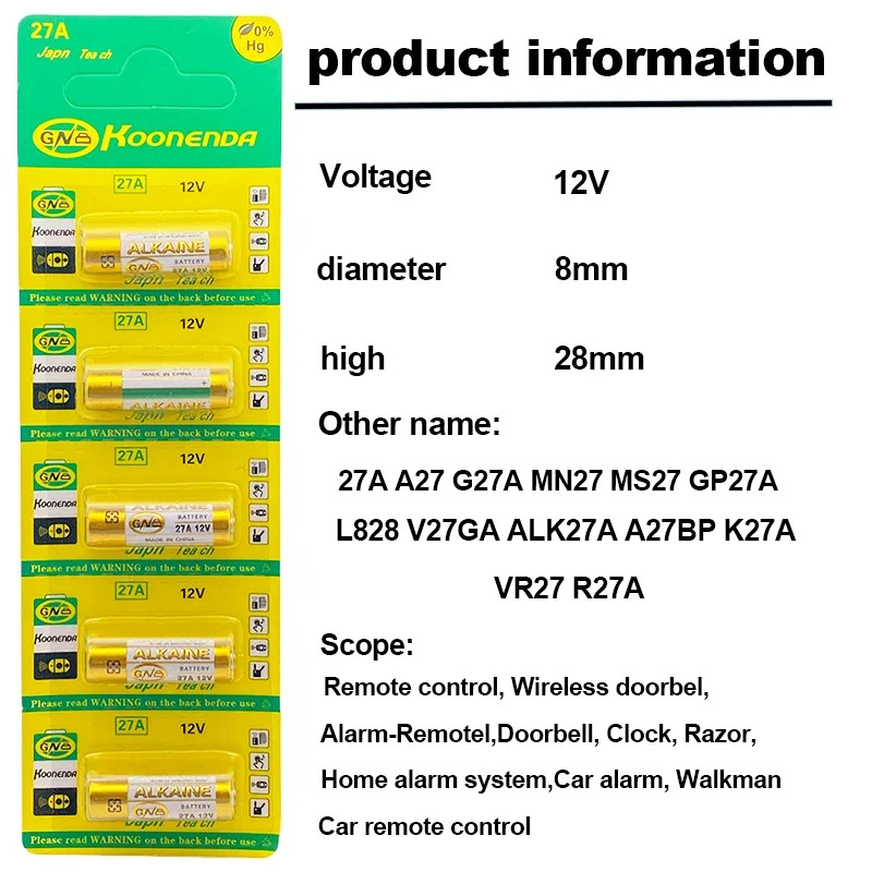 12V 27A/23A Alkaline Battery G27A MN27 MS27 GP27A A27 V27GA A27BP K27A VR27 for Doorbells Alarm Power Remote Control Toys
