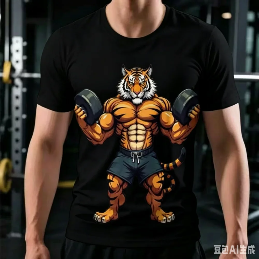 Funny Fitness Muscles Print Men's T-shirt Fashion Gym Training Men Clothing 3D Tiger Pattern Short Sleeve Tee Summer Casual Tops