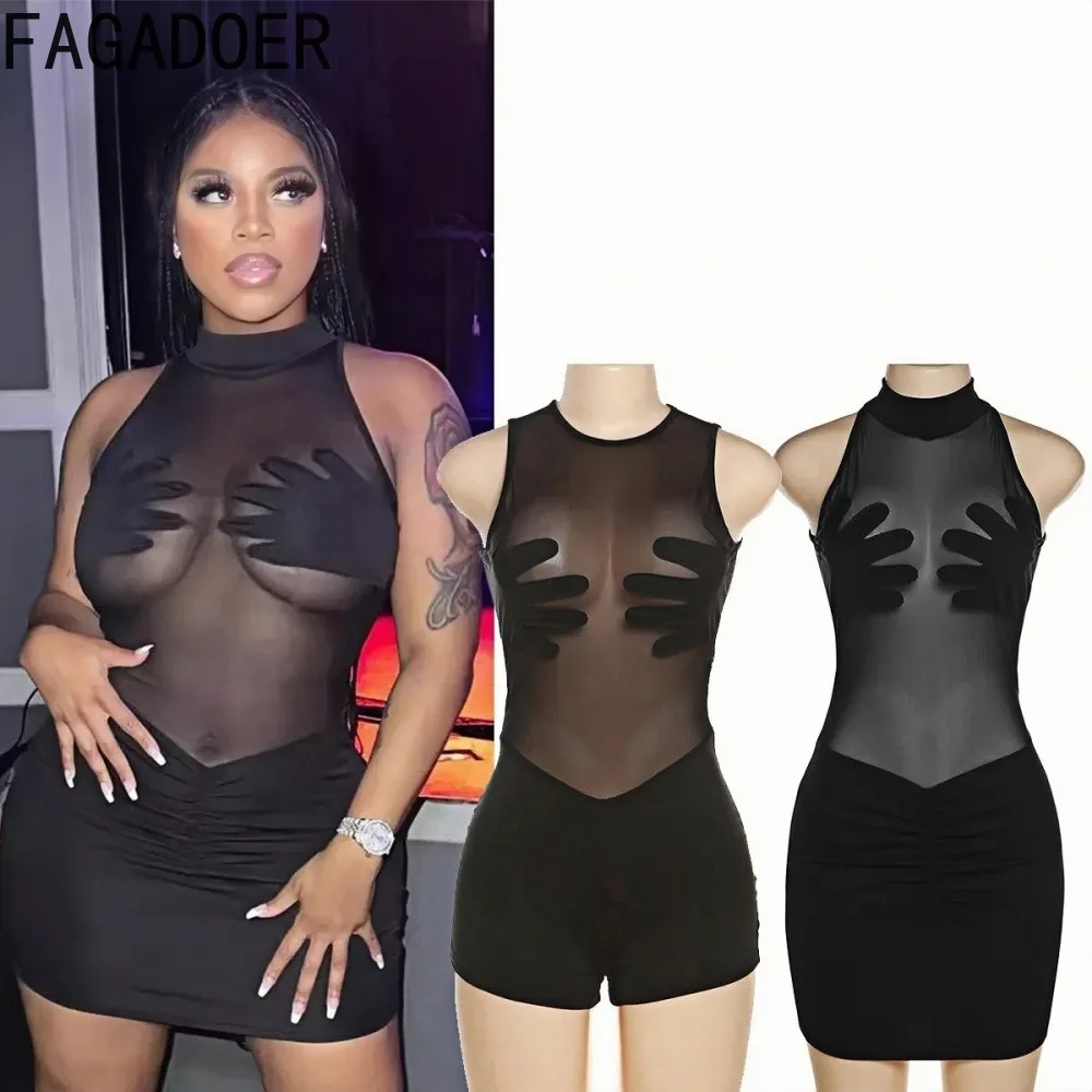 

FAGADOER See Through Mesh Sexy Mini Dress Women O Neck Trend Patchwork Bodycon Dresses Hot Girl Midnight Party Vestidos Clubwear