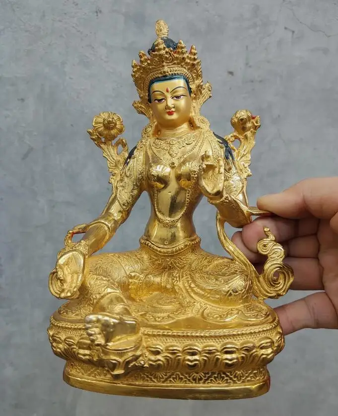 

8.2" Buddhism old Handpainted bronze statue gilt Buddha Bodhisattva Green tara