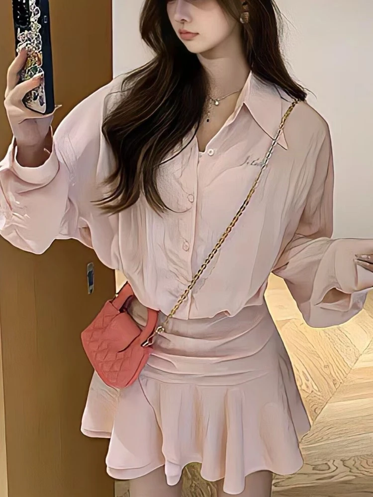 Y2K Shirt Mini Dress Women Long Sleeve Ruffles A-line Korean Chic Solid New Spring Summer Casual Clothing Streetwear