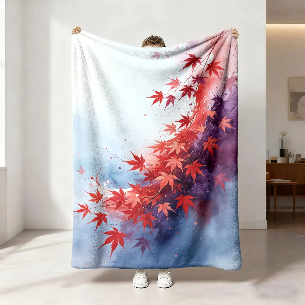 Watercolor Red Maple Leaf Print Flannel Blanket Multi Sizes Cozy Sofa Throw Soft Nap Blanket For Office Break Indoor Daily Re