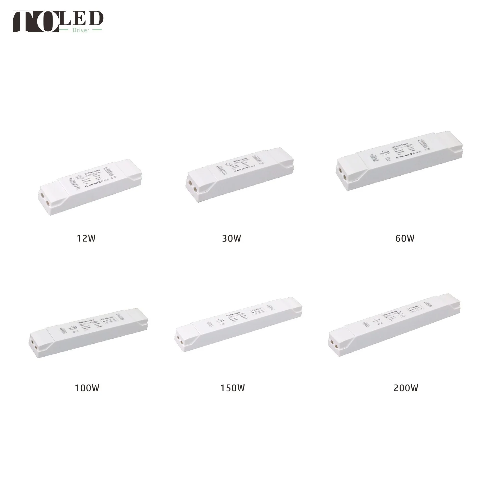 CE LVD EMC C.V DC12V/24V 12w30w60w100w120w150w200w LED Switching Power Supply Slim Plastic Shell IP20 High PF0.9 Flicker Free