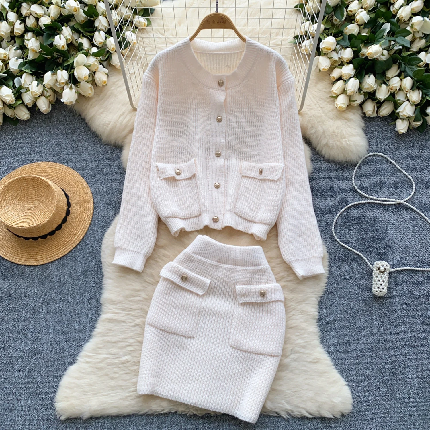 Ladies Knitted Two Pieces Suits Long Sleeves Cardigan Sweater+High Waist Mini Skirt Female Warm Autumn Winter Sweater Knit Set