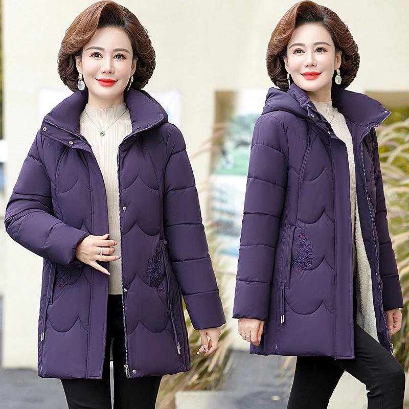 New Elegant Slim Mother Women\'s Winter Hood Warm Parkas New Female fleece thickening mid length Jacket