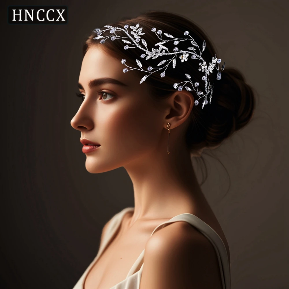 

HNCCX Bride Crystal Headband Silver Color Alloy Leaf Wedding Hair Accessories Rhinestone Women Hair Band With Organza HP760