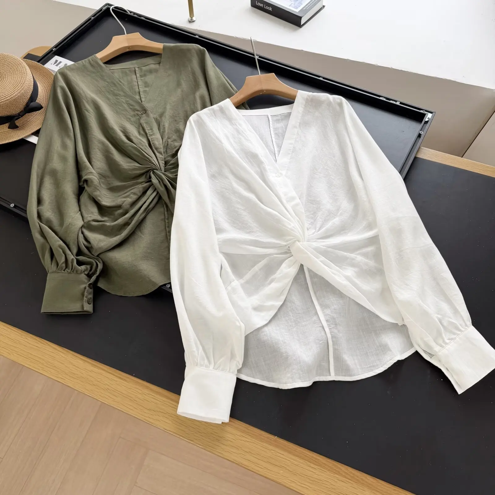

Spring Summer 2026 Women's Slimming Linen Shirt V-Neck Loose Fit Sun Protection Top Breathable Comfortable Cotton Blend