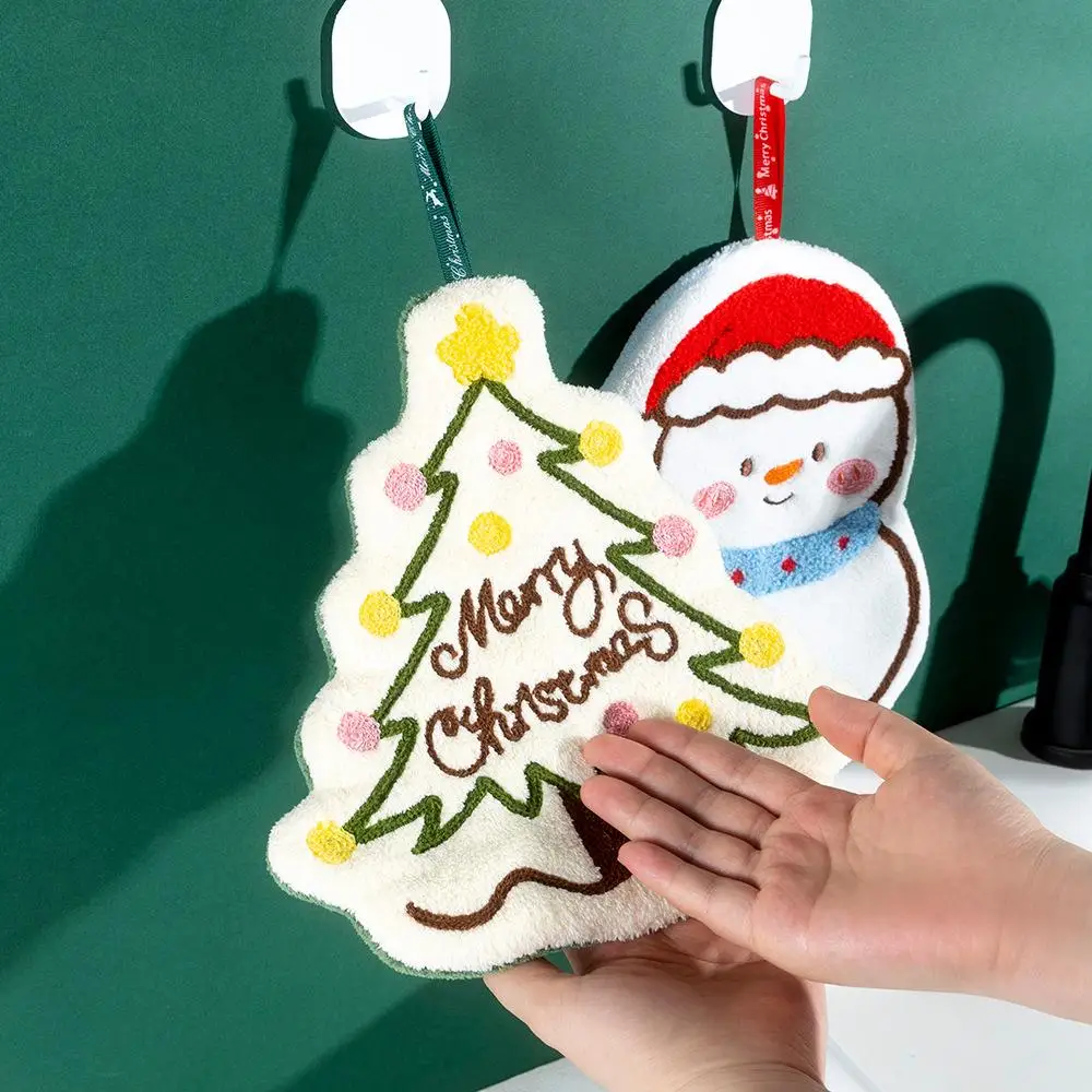 Cute Christmas Cleaning Towel Coral Velvet Hand Towel Snowman Bathroom Hanging Absorbent Dishcloth Soft Cleaning Cloth Rag