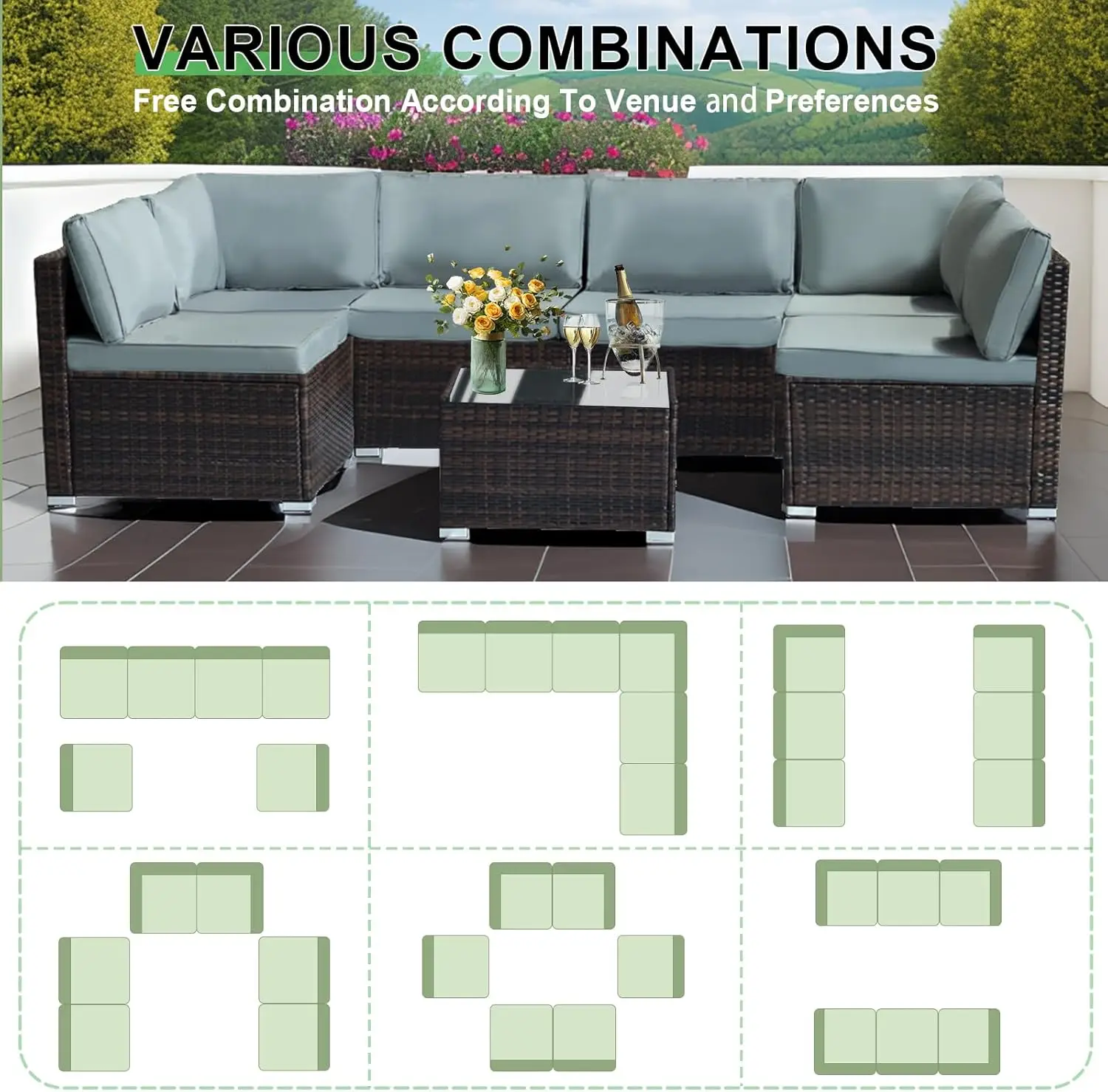 7 Stück Terrassen möbel Sets Outdoor Pe Rattan Korbs ofa Set Terrasse Gespräch Sofa Stuhl Set mit Glas tisch und Kissen