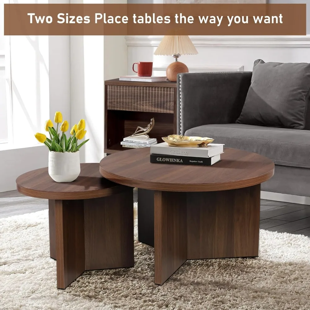 Nesting Coffee Tables Set of 2, Modern Stacking Table with Wood Grain Finish, End Table Side Tables for Living Room (Walnu