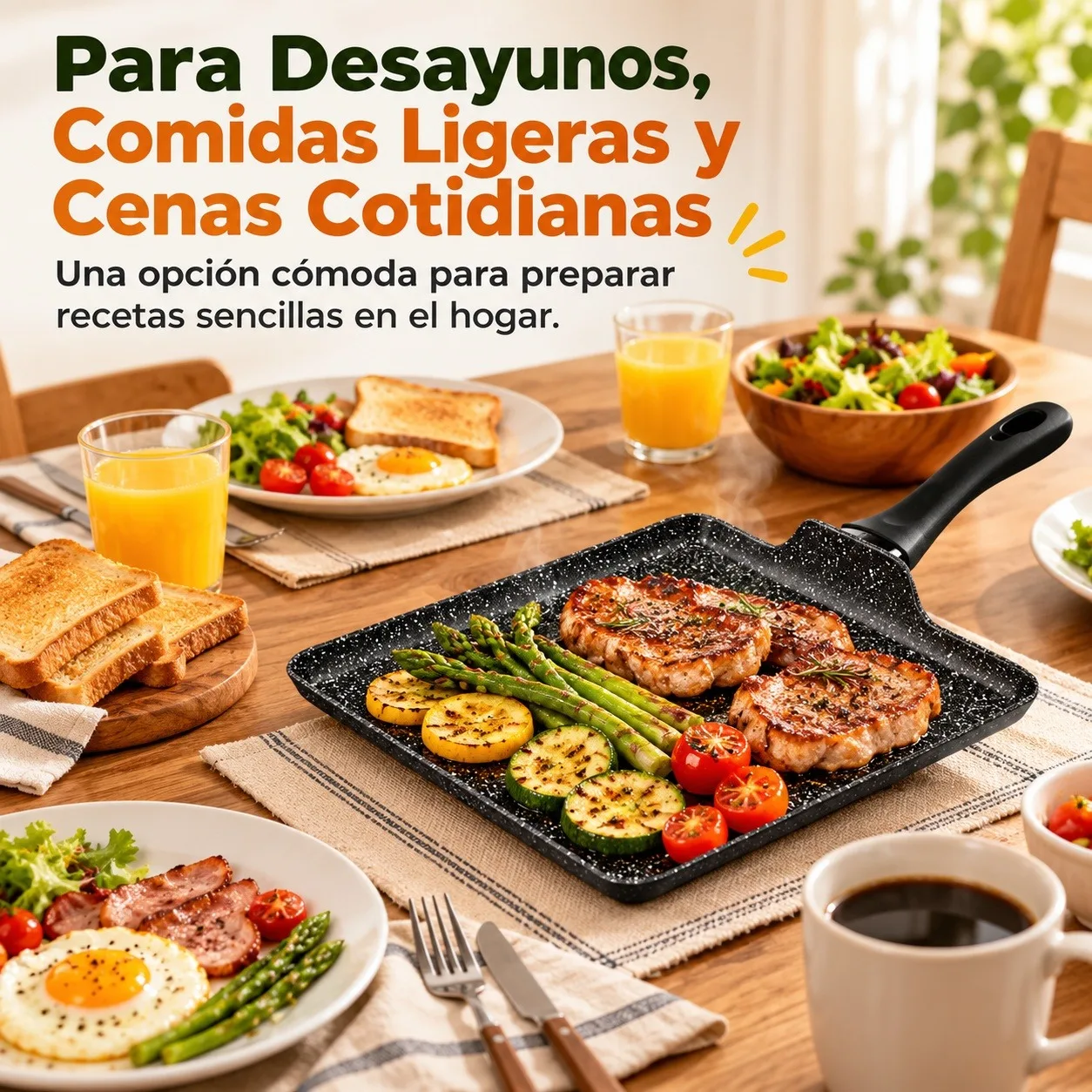 Sartén Cuadrada de Aluminio Forjado con Efecto Piedra 28x28x1.8cm, Plancha Antiadherente para Inducción, Gas y Vitrocerámica, Mango Ergonómico para Cocina de Carnes y Verduras