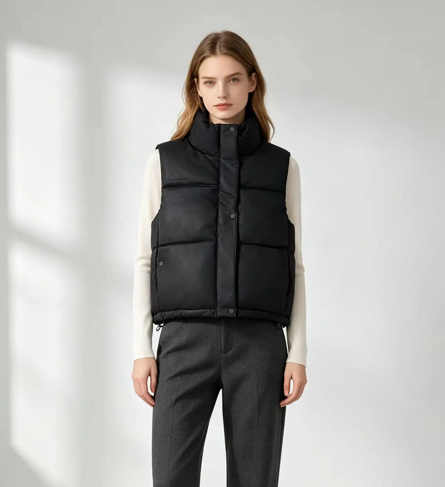 Women Stand Collar Padded Vest Casual Sleeveless Cotton Coat Loose Fit Drawstring Hem Warm Outerwear Gilet for Autumn Winter