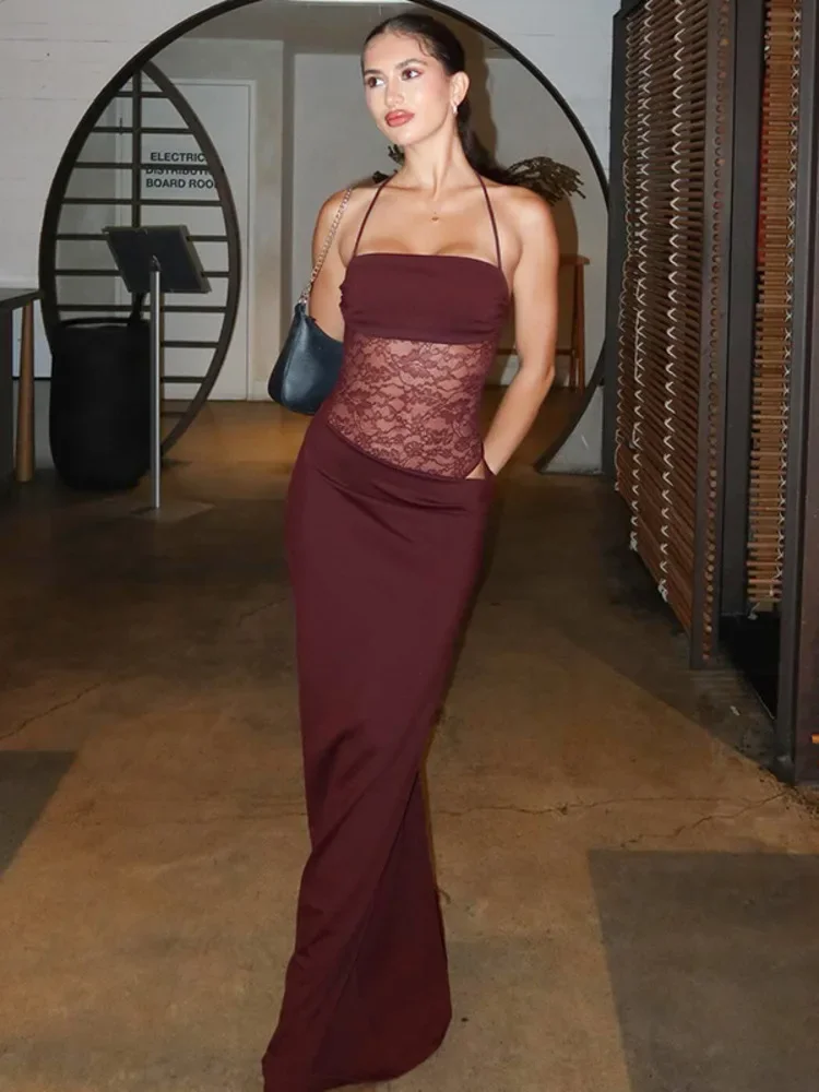 Sexy Maxikleid mit Spaghettiträger, transparenter Spitze für Damen, elegant, aushöhlen, ärmellos, rückenfrei, figurbetont, langes Abendkleid