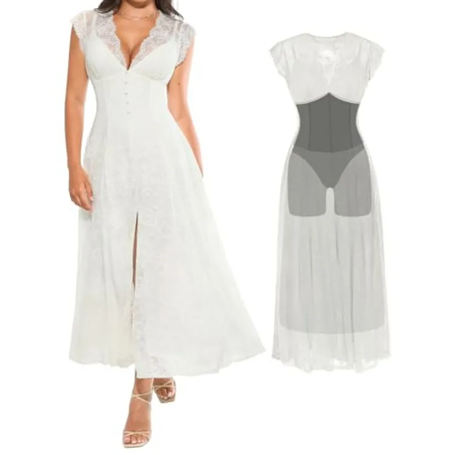 

Popilush Women's Lace Formal Cocktail Sleeveless V Neck Maxi Shapewear Dress Wedding Guest Mother of Bride Split Dresses